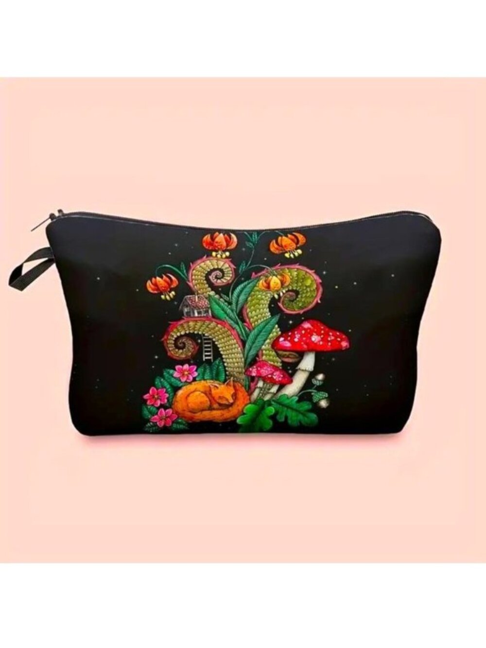 Cosmetic Bag Mushroom Makeup Pouch Travel Hippie Black Light Wonderland Trippy